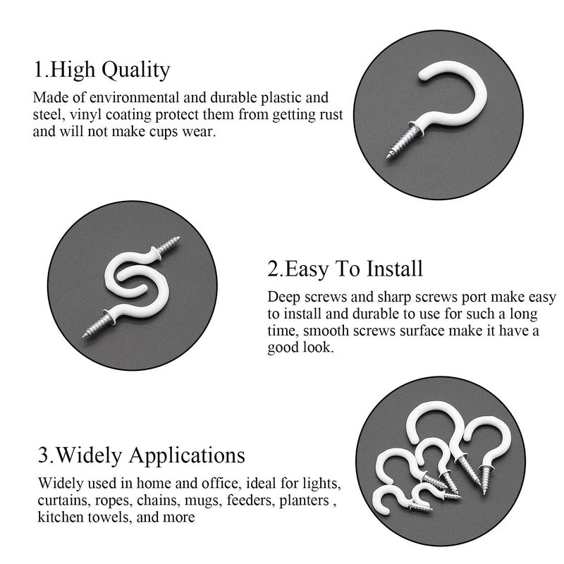 DYWISHKEY Cup Hooks Kit, 110PCS 6 Sizes, Vinyl Coated Ceiling Hooks Holder for Home, Office and Workplace, White (1/2", 5/8", 3/4", 7/8", 1", 1-1/4") - Image 3